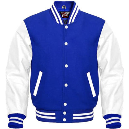 Blue and white varsity jacket on a white background