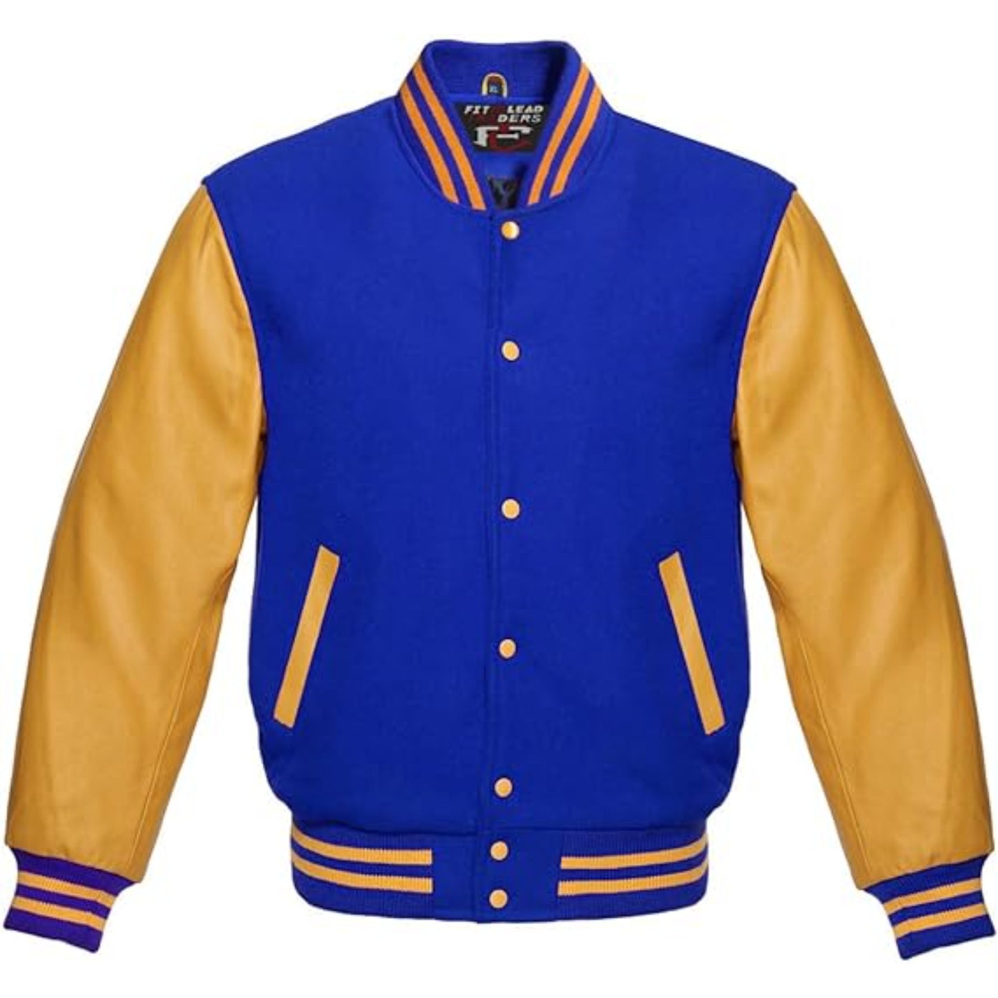 Blue and yellow varsity jacket with brand logo on a white background