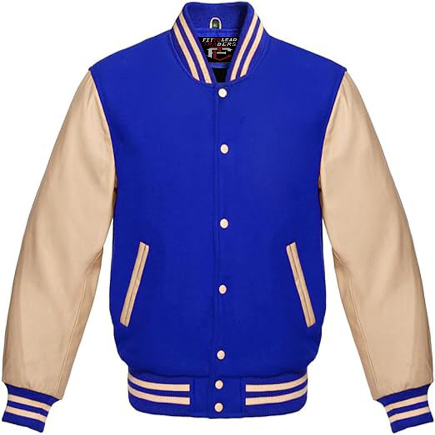 Blue and beige varsity jacket with brand label on a white background