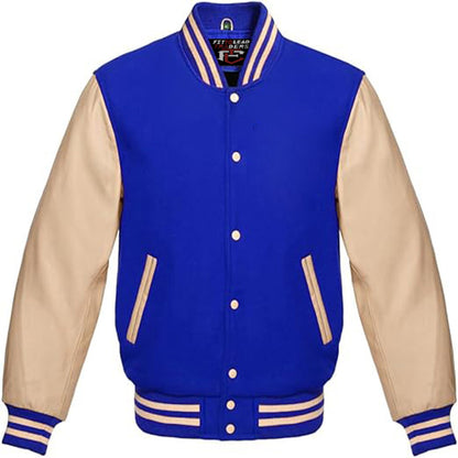 Blue and beige varsity jacket with brand label on a white background