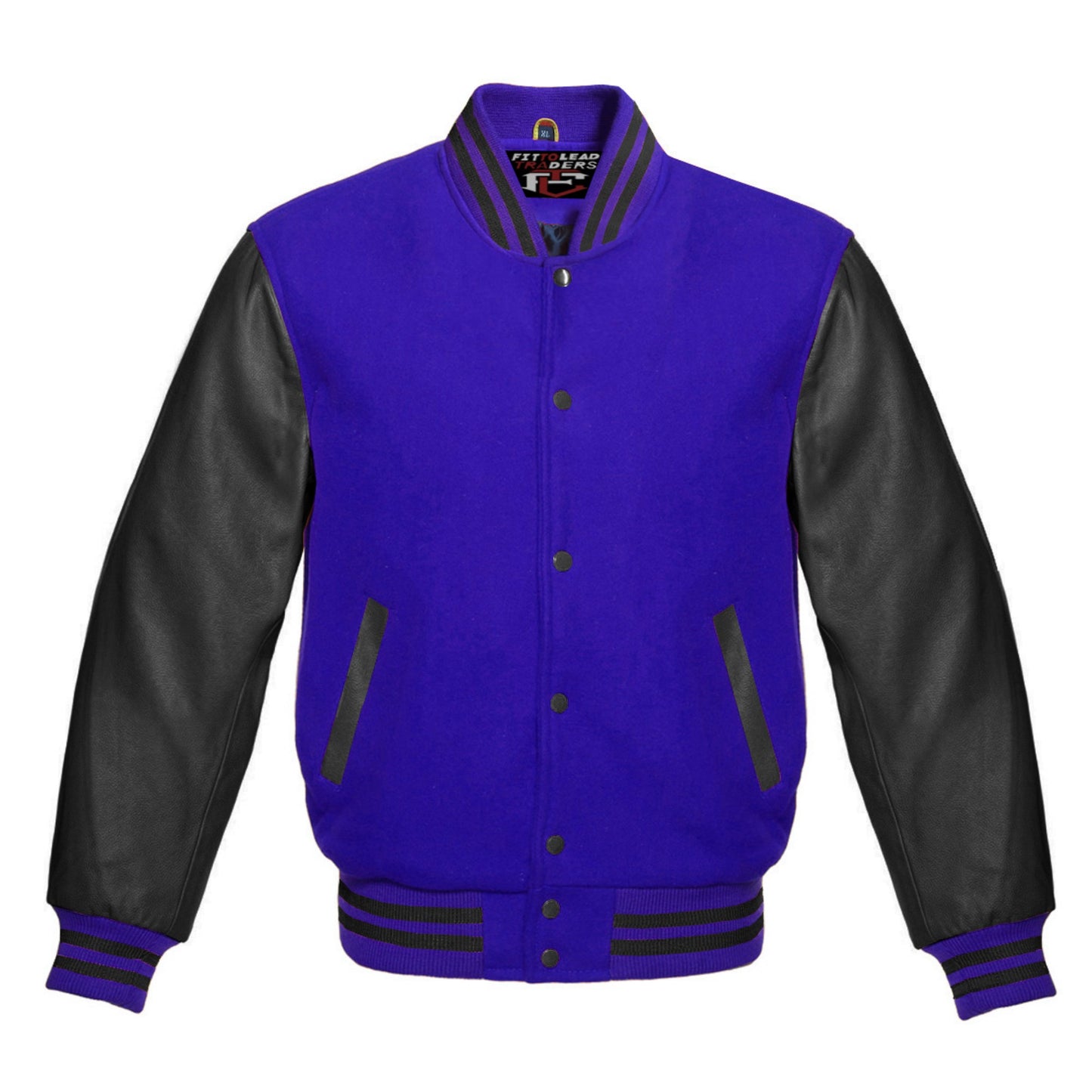 Purple and black varsity jacket on a white background