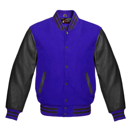 Purple and black varsity jacket on a white background