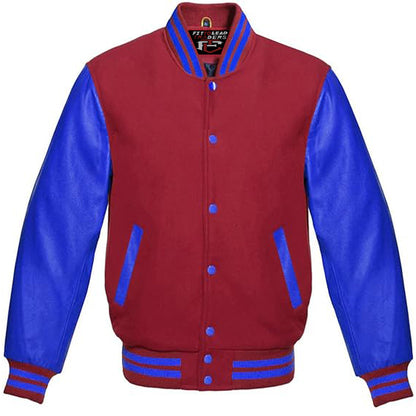 Multicolor Wool Varsity Jacket in Royal Blue Leather Sleeves