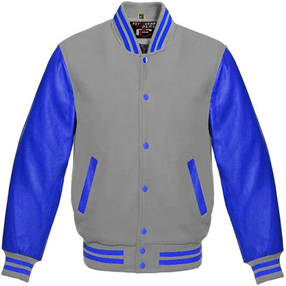Multicolor Wool Varsity Jacket in Royal Blue Leather Sleeves