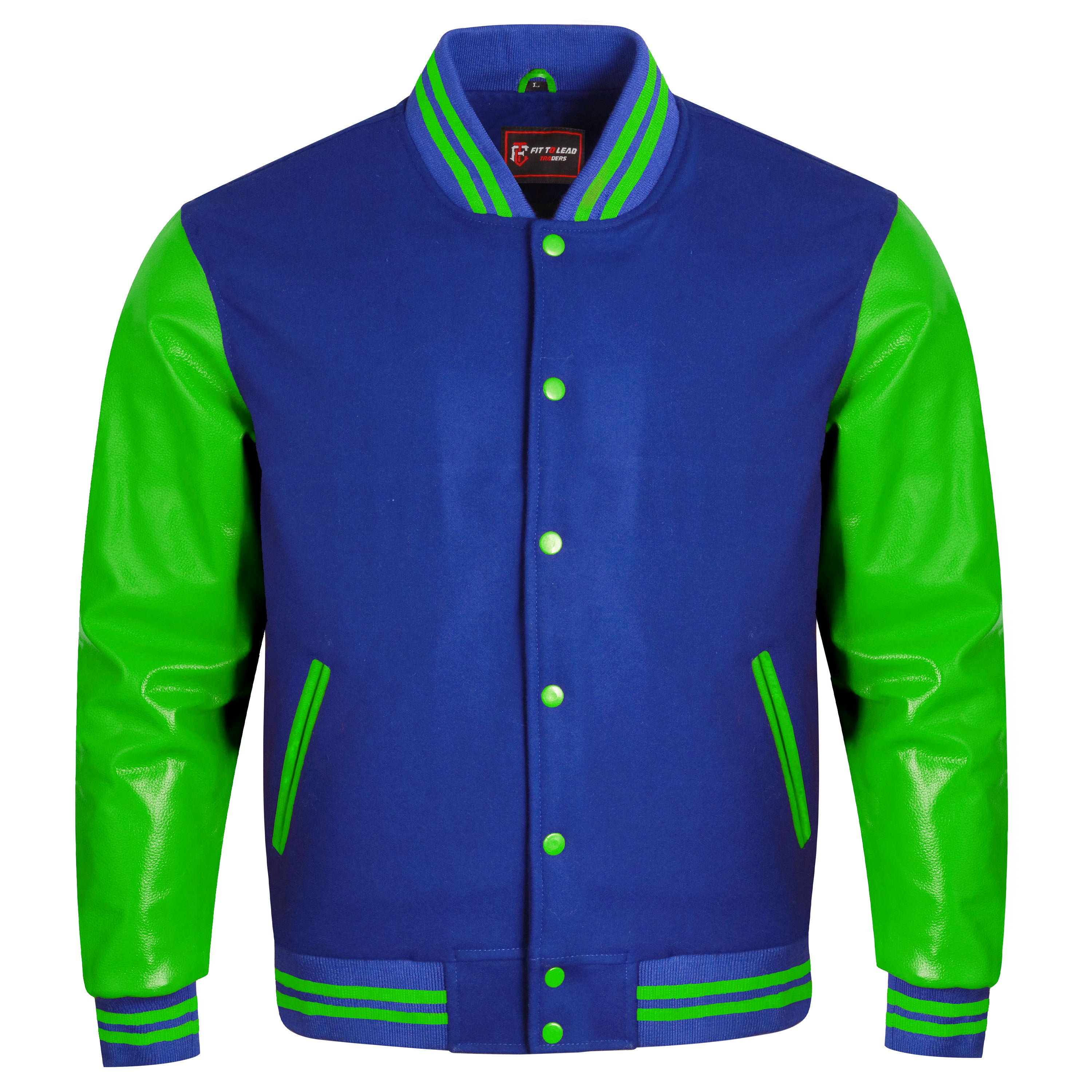 A varsity-style jacket with a royal blue body and bright green sleeves, featuring green striped ribbing, green buttons, and green zipper accents on the pockets.