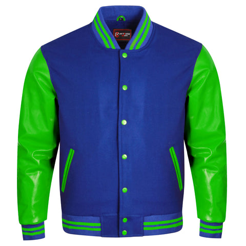 A varsity-style jacket with a royal blue body and bright green sleeves, featuring green striped ribbing, green buttons, and green zipper accents on the pockets.