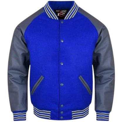 Drop Shoulder Lettermen Varsity Jacket Wool Body Grey Leather Sleeves