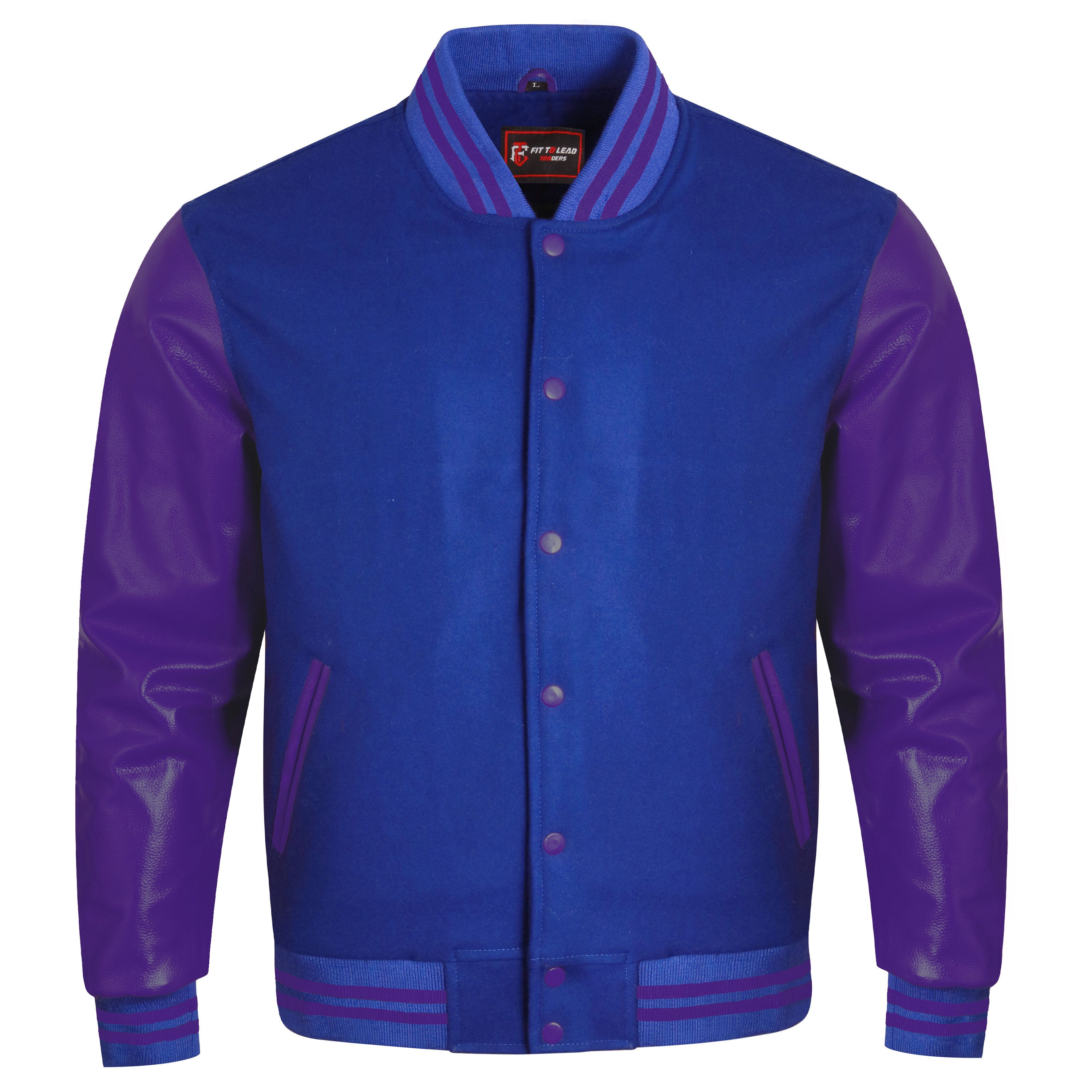 A varsity-style jacket with a royal blue body and bright green sleeves, featuring green striped ribbing, green buttons, and green zipper accents on the pockets.