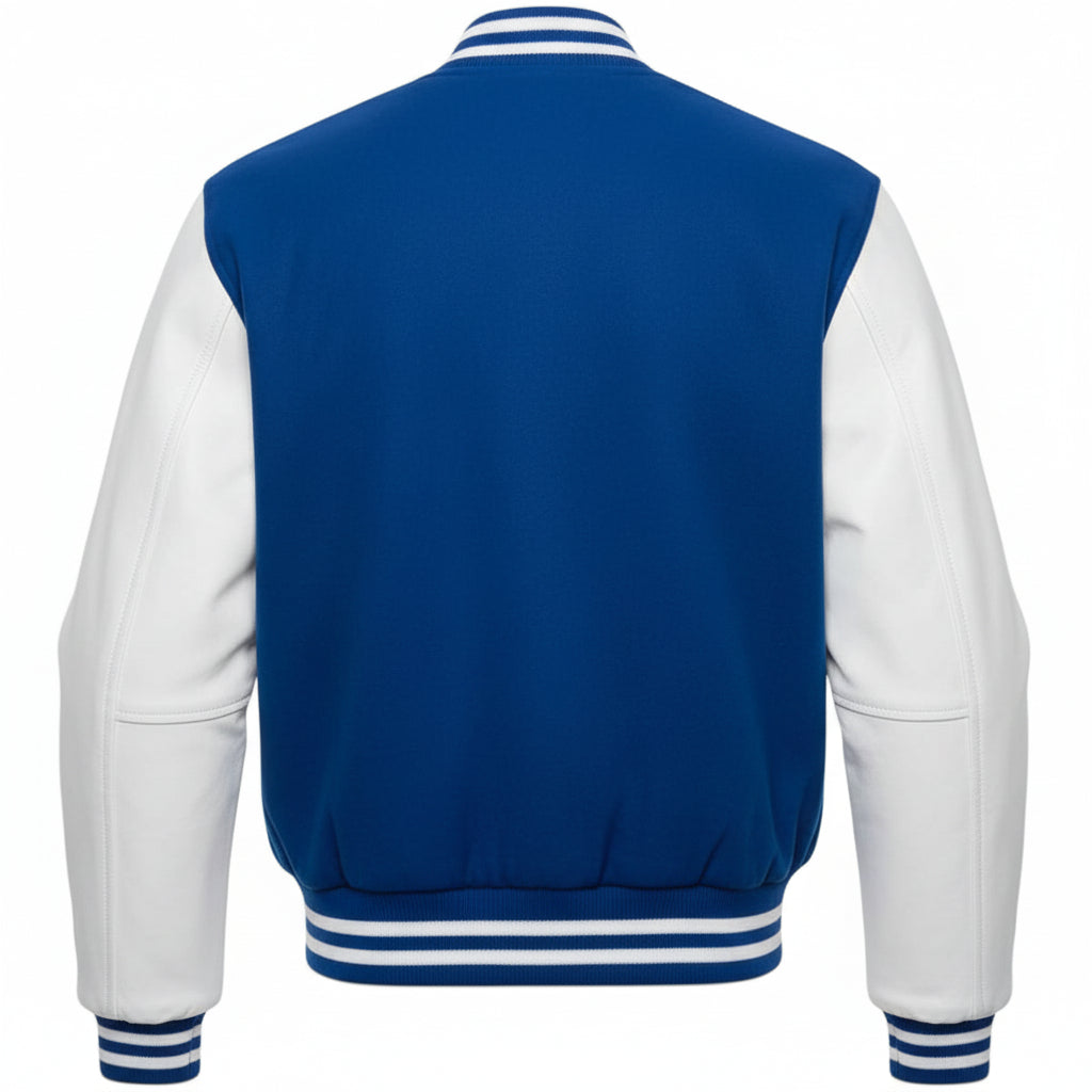 Royal Blue and white varsity jacket on a white background