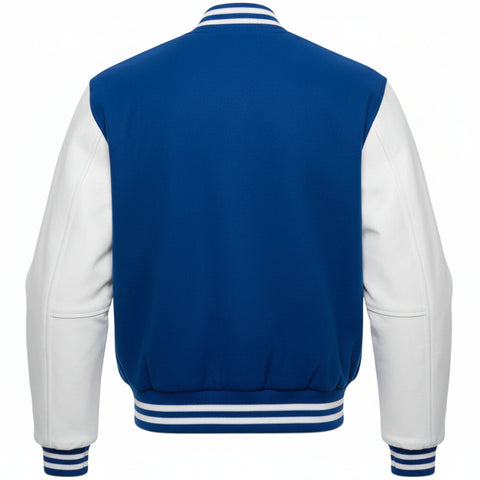 Royal Blue and white varsity jacket on a white background