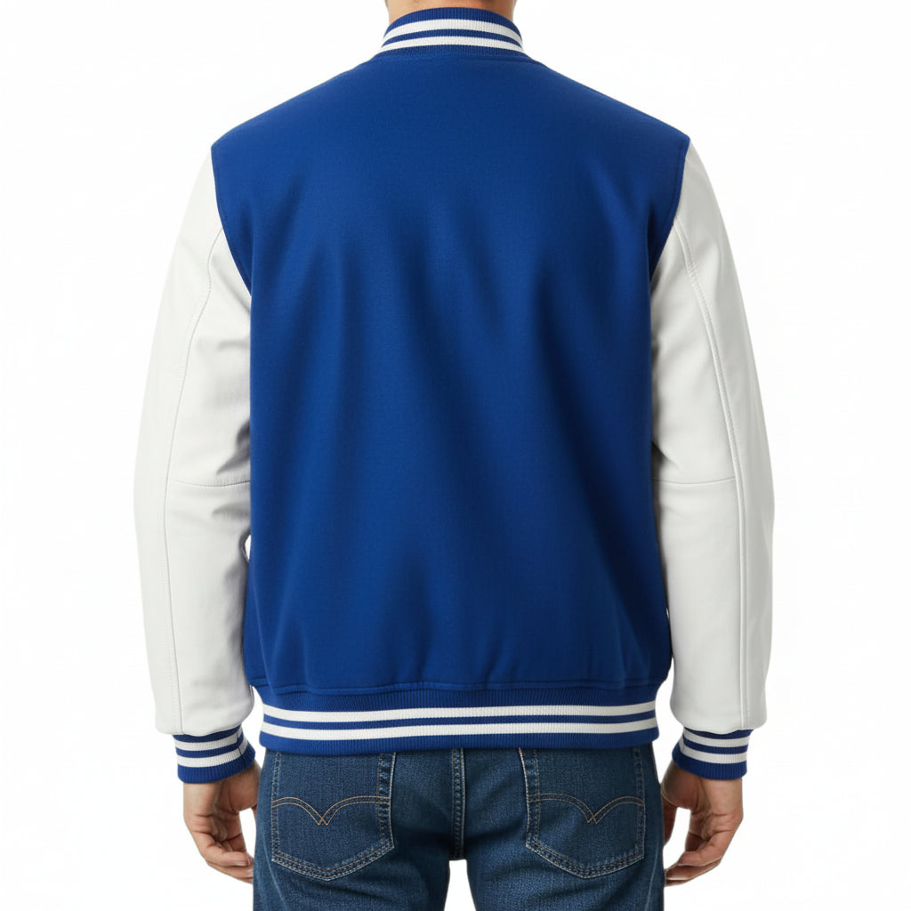 Royal Blue and white varsity jacket on a person with a white background