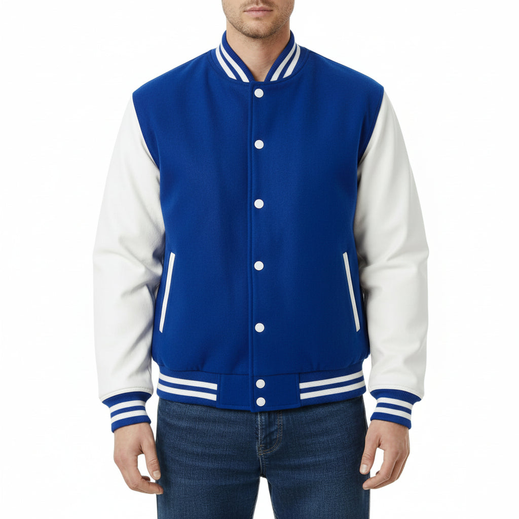 Roya Blue and white varsity jacket worn by a person on a white background