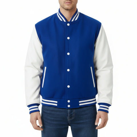 Roya Blue and white varsity jacket worn by a person on a white background