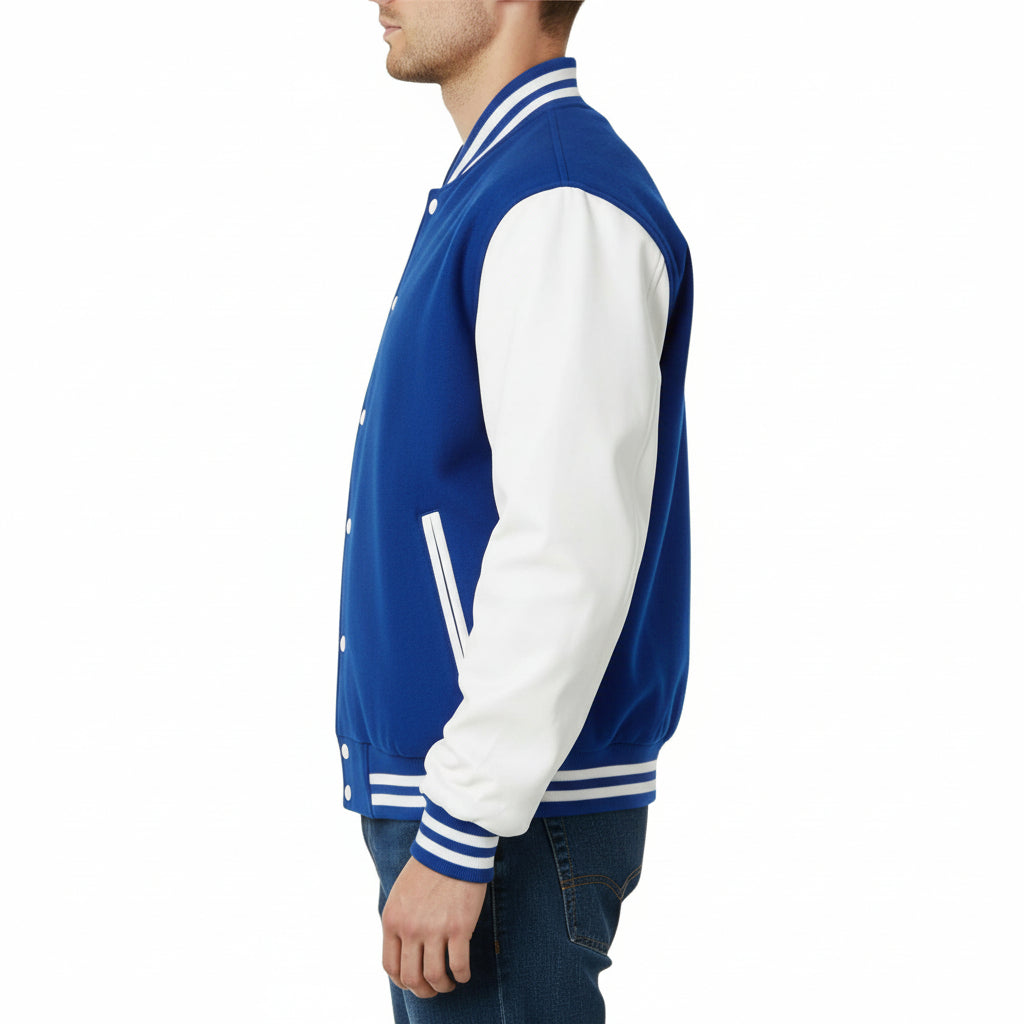 Royal Blue and white varsity jacket worn by a person on a white background