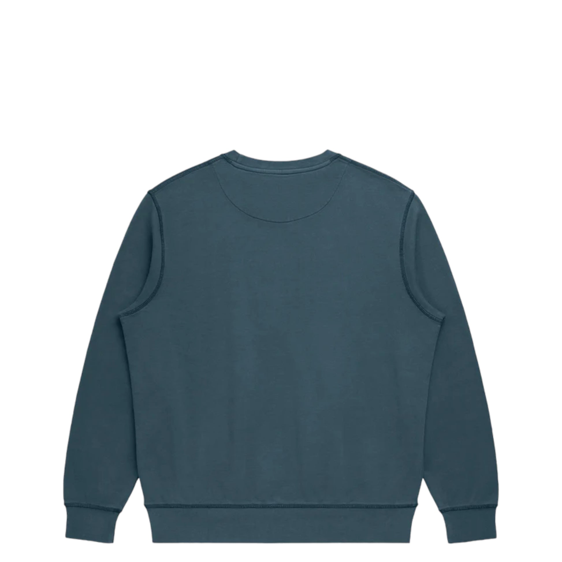 A navy-colored, crew neck, organic cotton French terry sweatshirt.