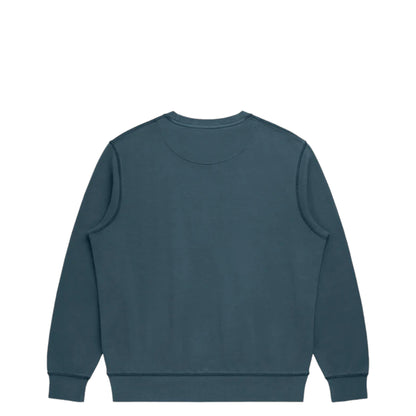 A navy-colored, crew neck, organic cotton French terry sweatshirt.