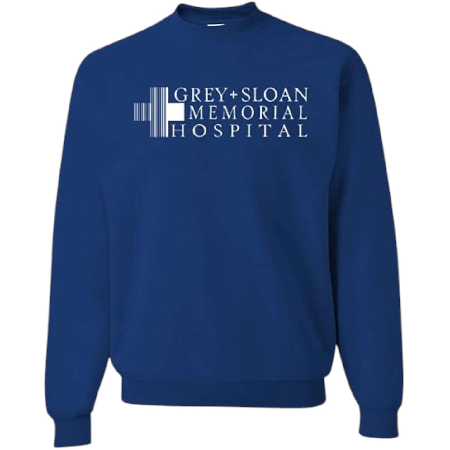 A blue crewneck sweatshirt with the 'Grey Sloan Memorial Hospital' logo printed in white.