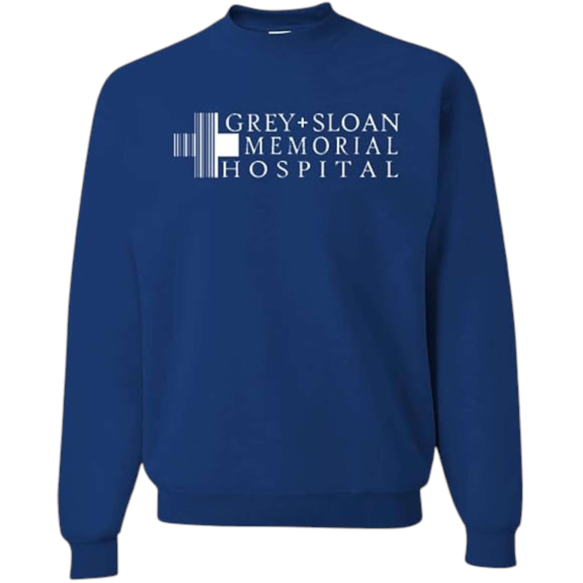 A blue crewneck sweatshirt with the 'Grey Sloan Memorial Hospital' logo printed in white.