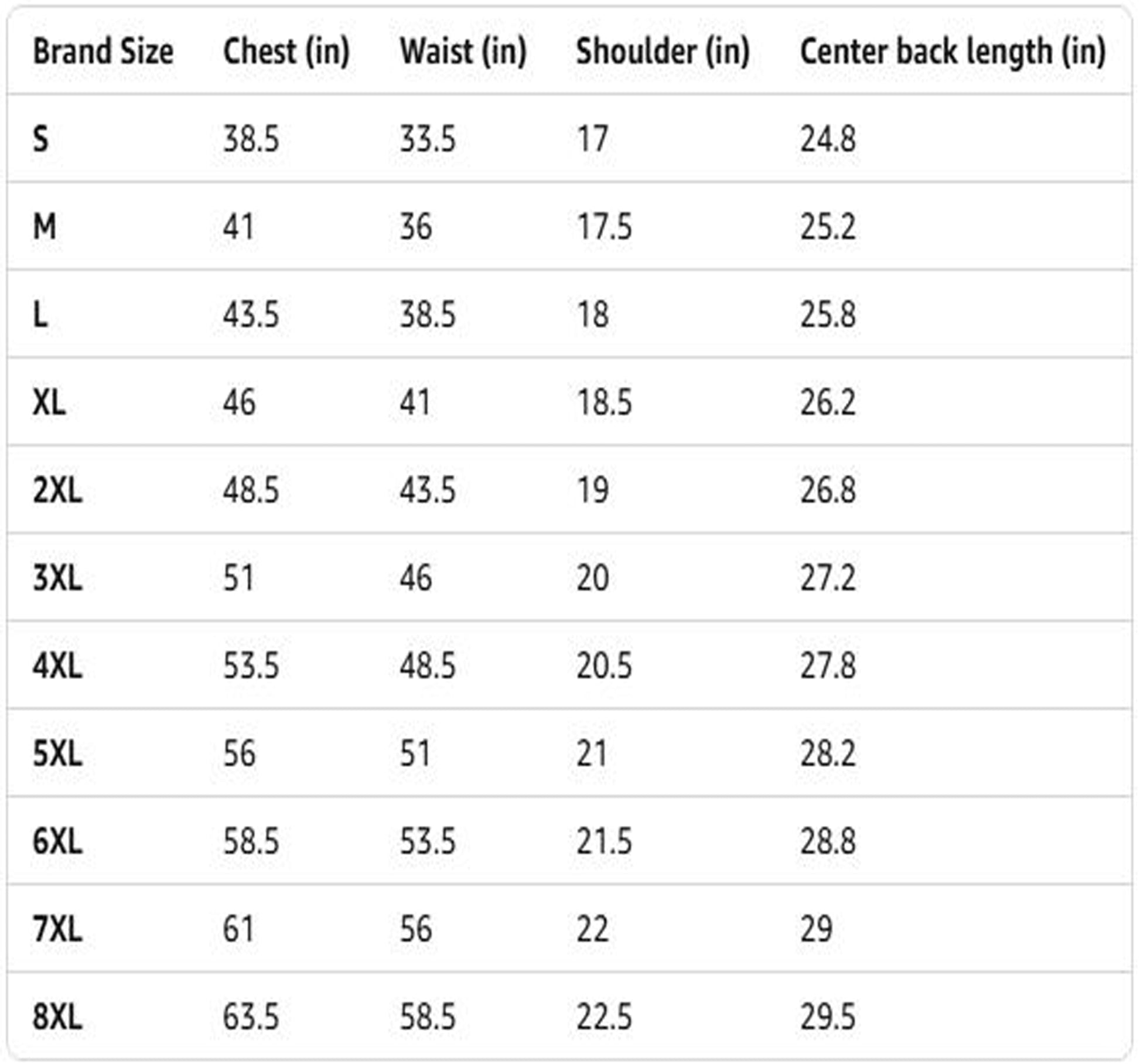 Size chart for Bandit Vest with dimensions in inches