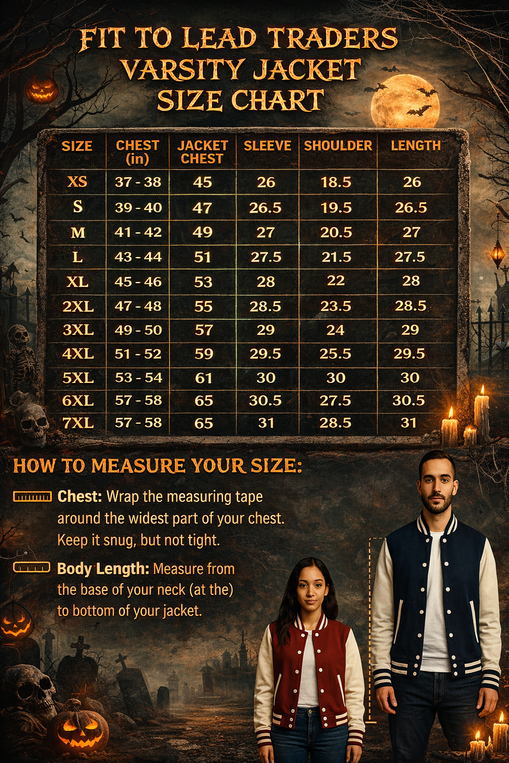 Varsity jacket size chart with measurements and two people wearing jackets in a Halloween-themed setting.