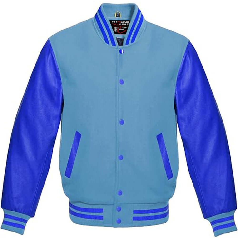 Multicolor Wool Varsity Jacket in Royal Blue Leather Sleeves
