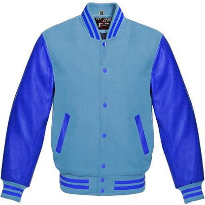 A multicolor varsity style jacket with a black wool body and royal blue leather sleeves, featuring a full front snap button closure and ribbing on cuffs, collar, and hem.