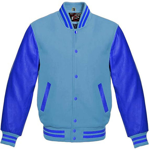 Multicolor Wool Varsity Jacket in Royal Blue Leather Sleeves