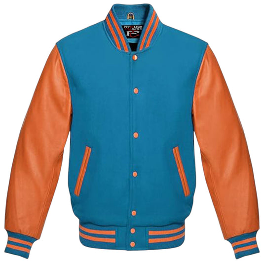 A unisex varsity jacket with a black wool body and orange leather sleeves, featuring a classic design with ribbed cuffs and a full-snap front.