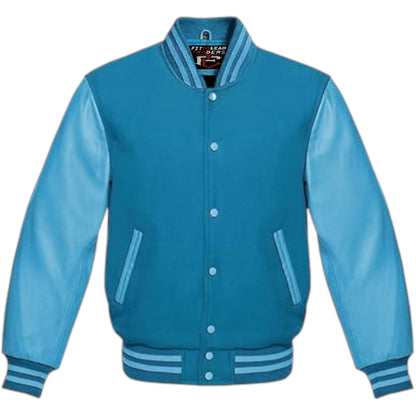 Multicolor Wool Varsity Jacket Genuine Sky Leather Sleeves Streetwear