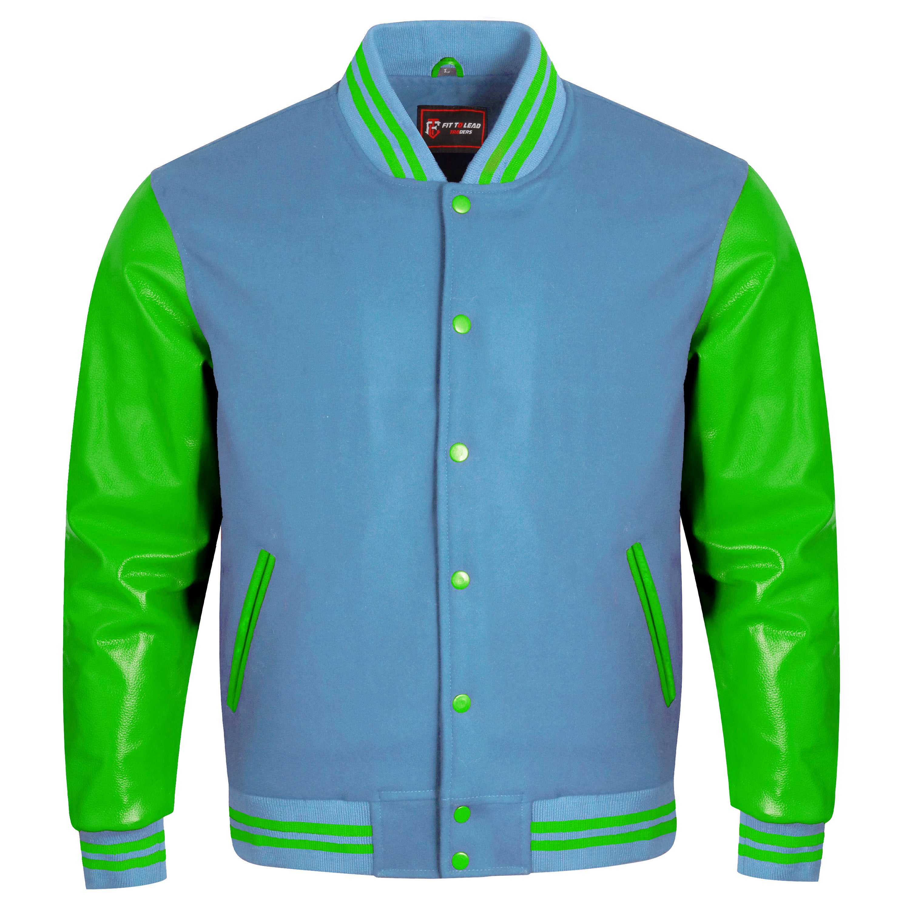 A varsity-style jacket with a light blue body and bright green sleeves, collar trim, and pocket trim, shown on a plain white background.