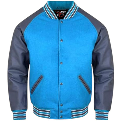 Drop Shoulder Lettermen Varsity Jacket Wool Body Grey Leather Sleeves