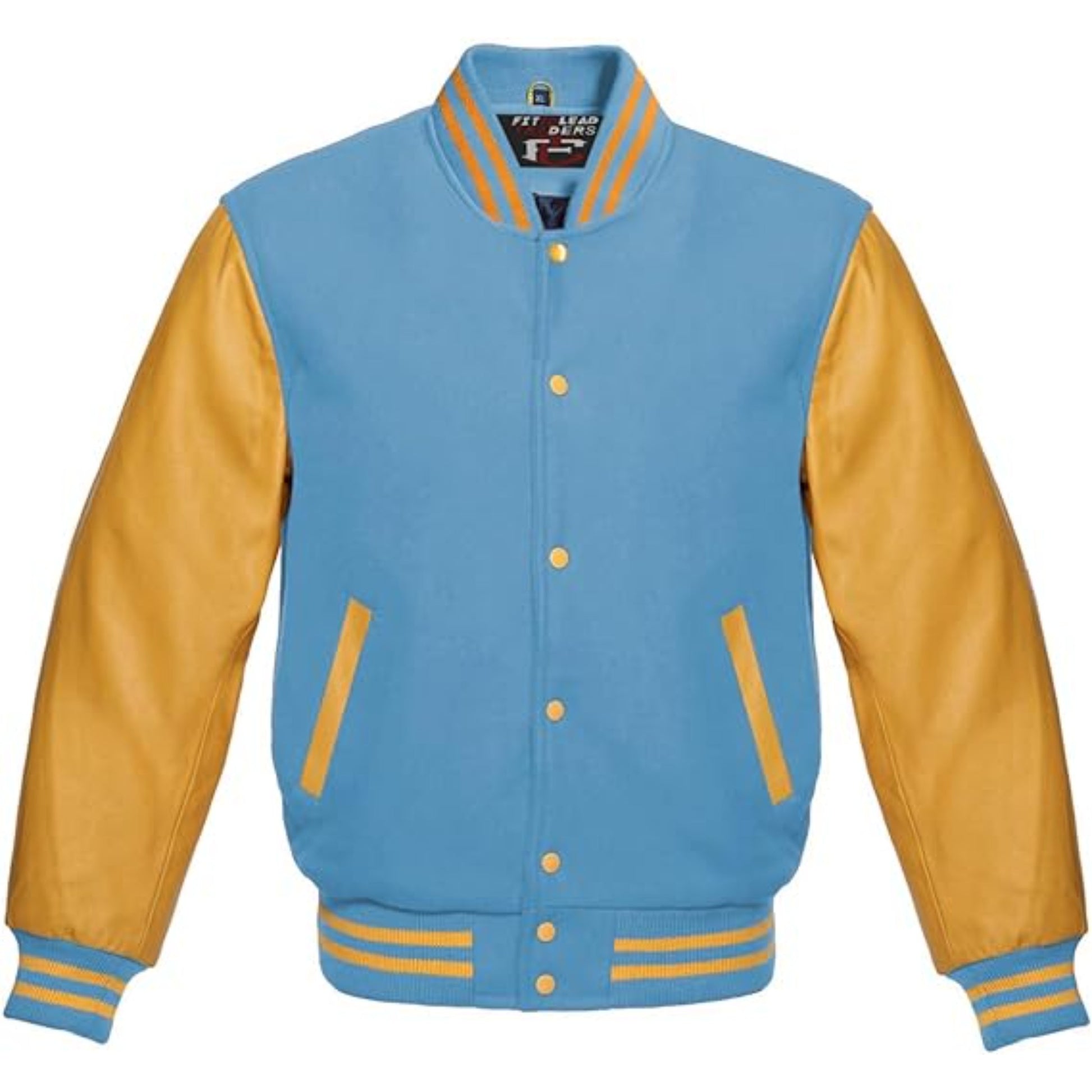 Blue and yellow varsity jacket on a white background