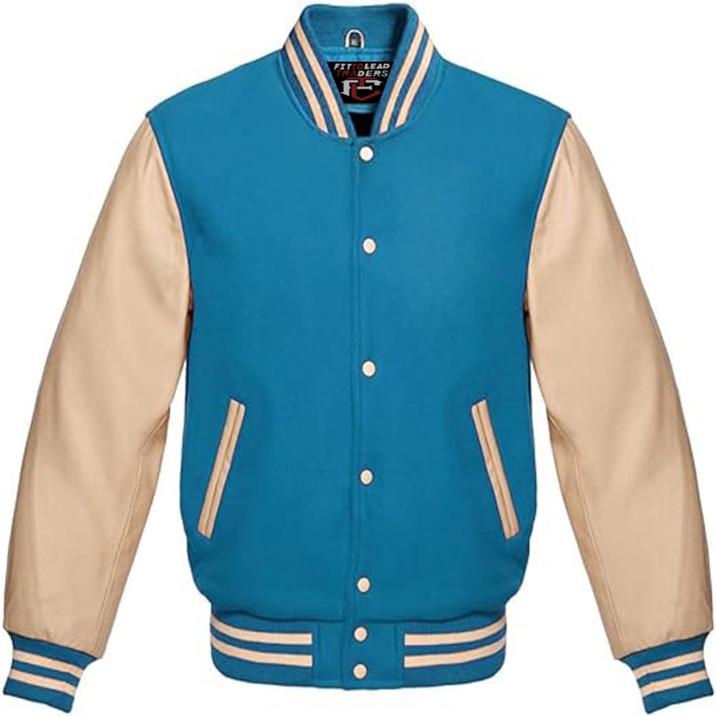 Blue and beige varsity jacket on a white background