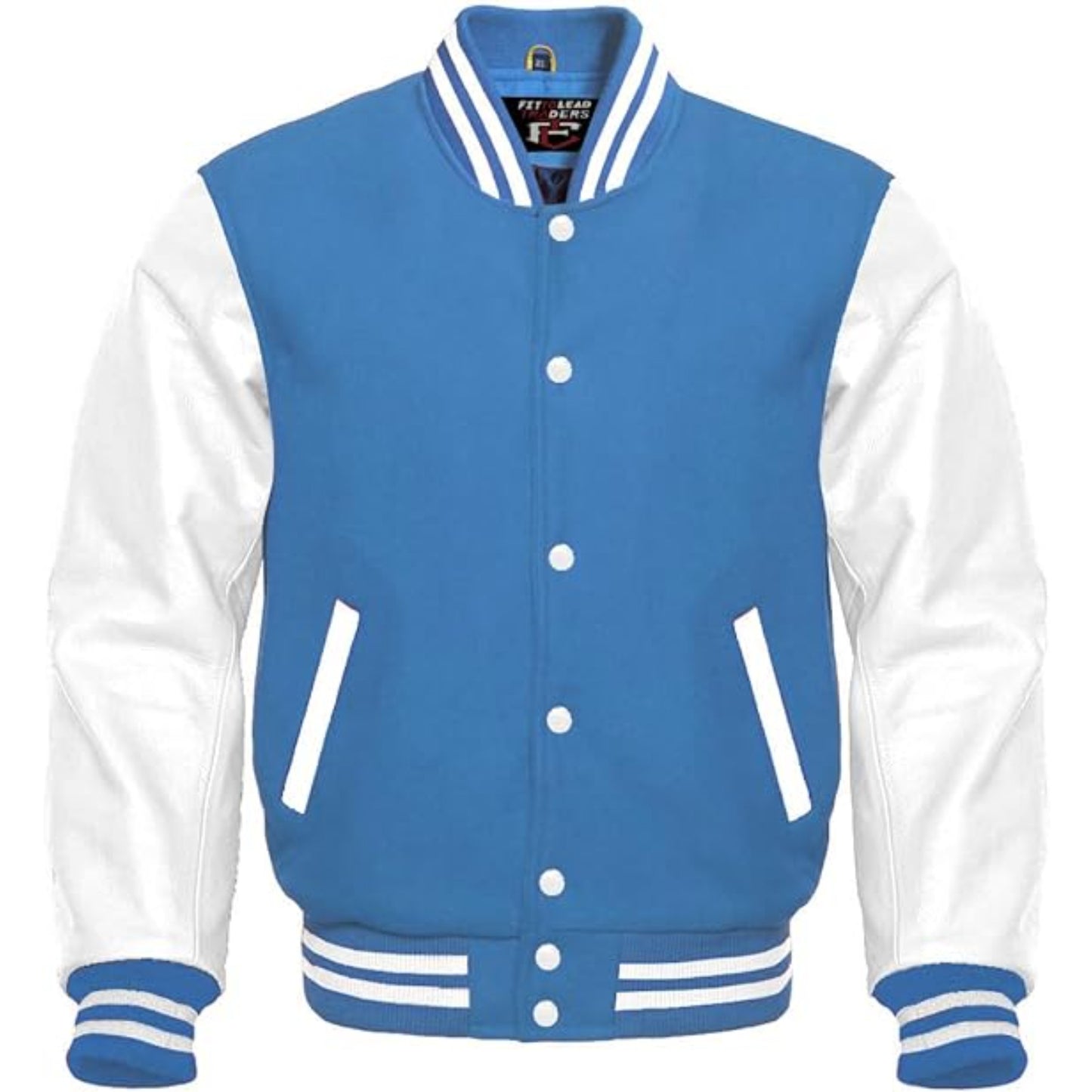 Blue and white varsity jacket on a white background