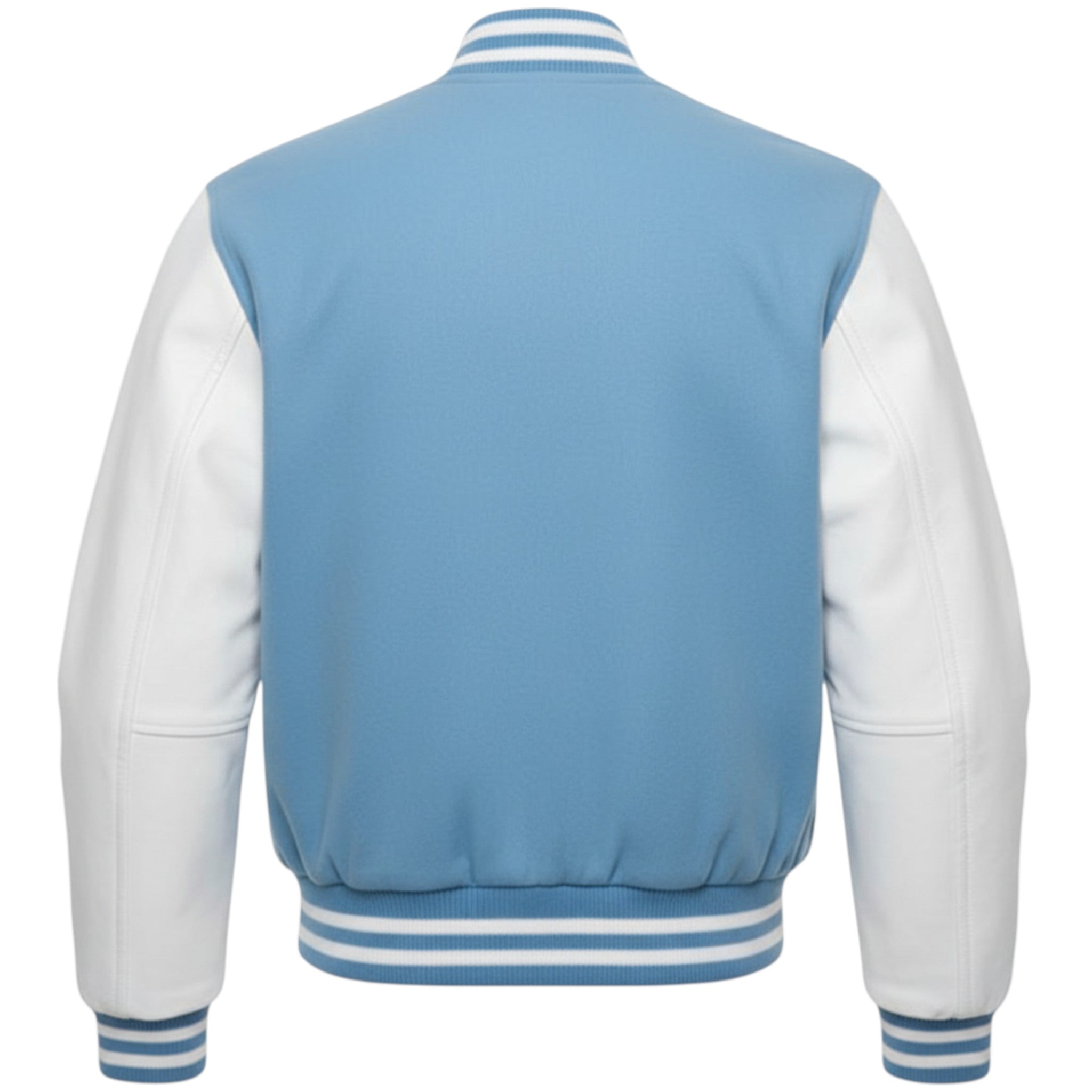 Sky Blue and white varsity jacket on a white background