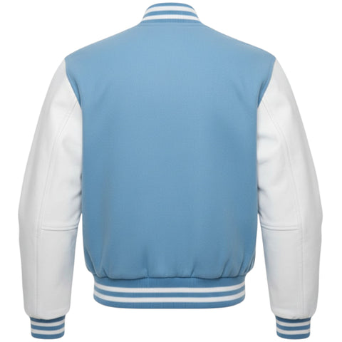 Sky Blue and white varsity jacket on a white background