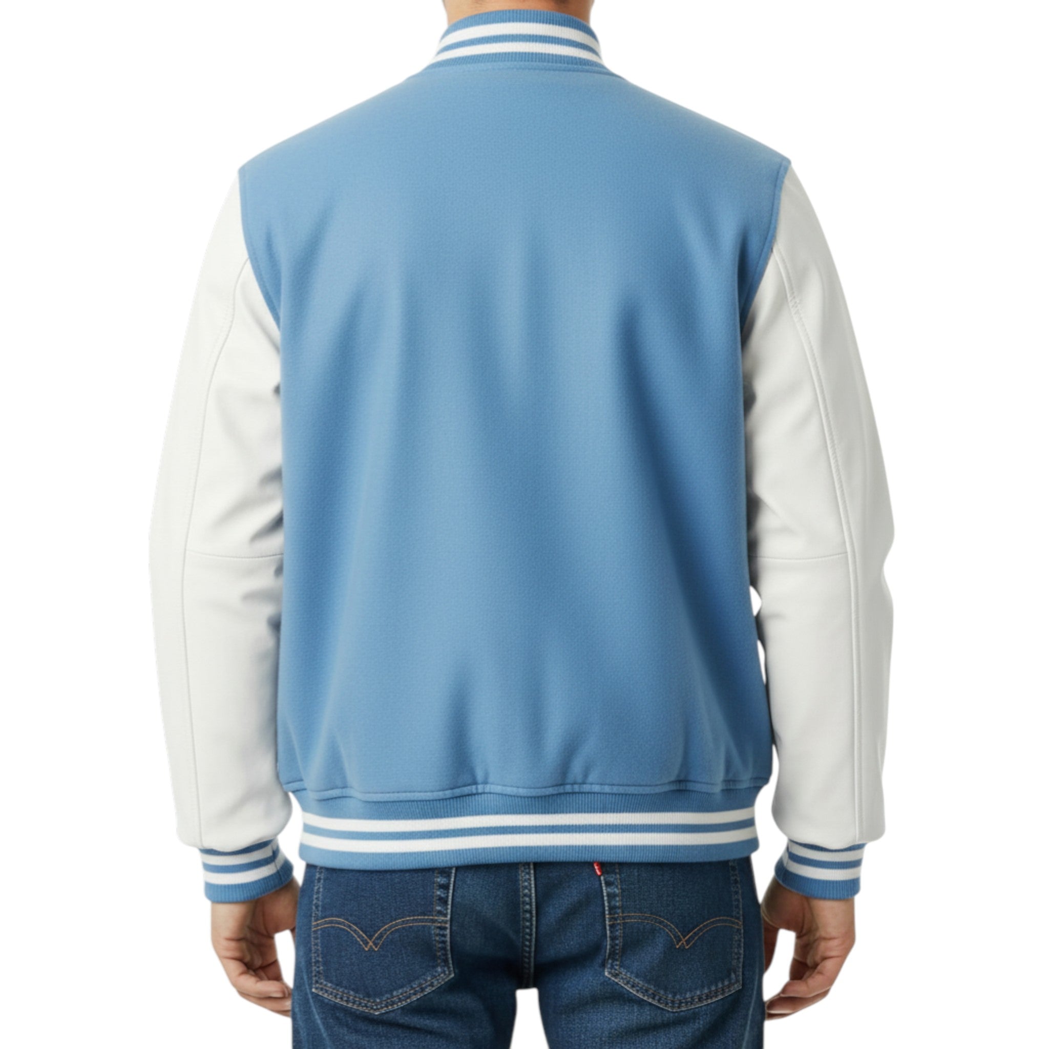 Sky Blue and white varsity jacket worn by a person on a white background