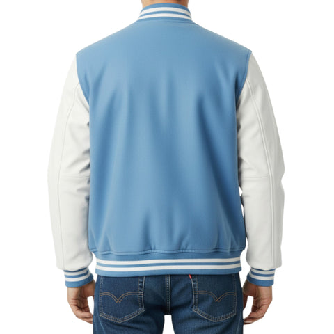 Sky Blue and white varsity jacket worn by a person on a white background