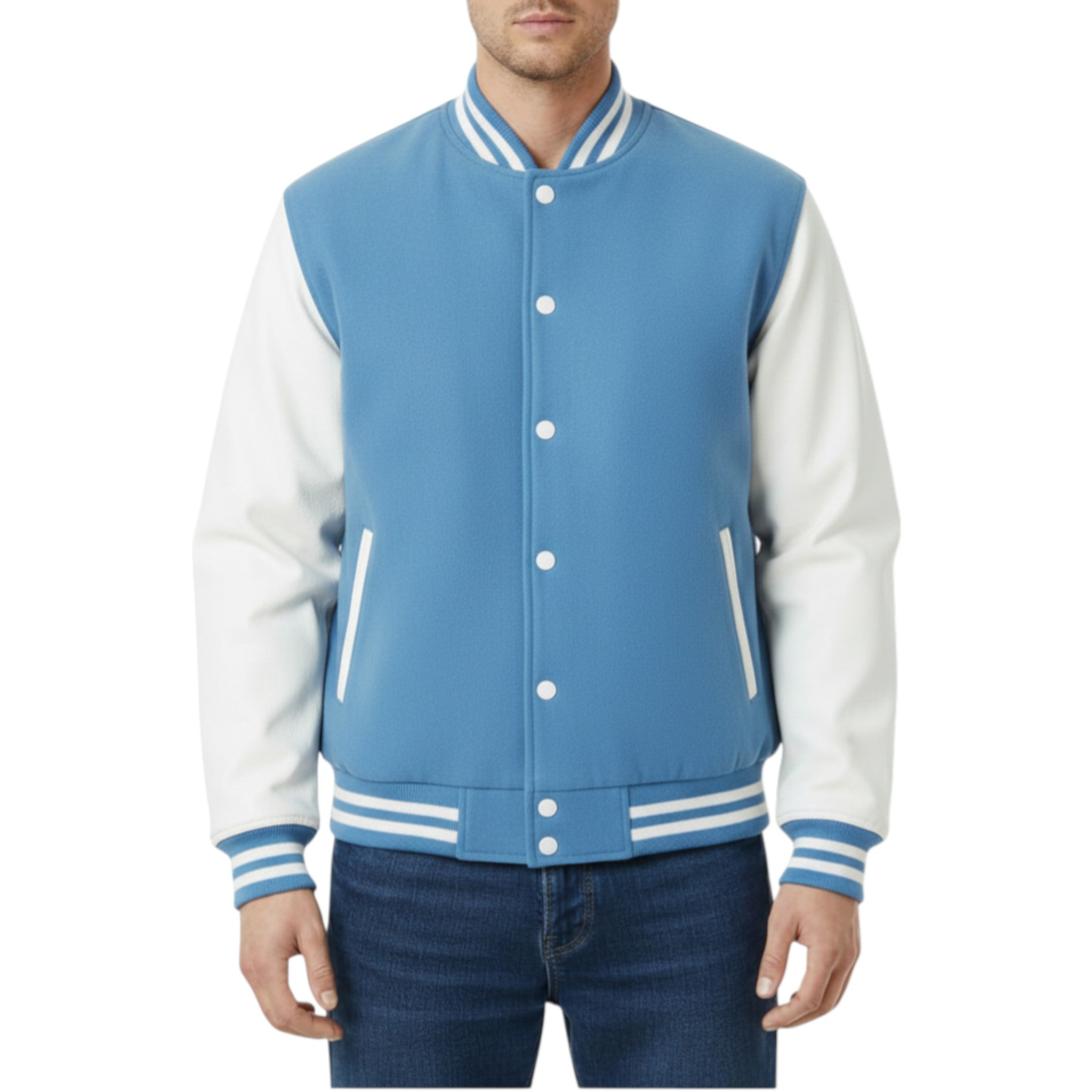 Sky Blue and white varsity jacket worn by a person on a white background