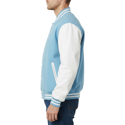 Sky blue and white varsity jacket worn by a person on a white background