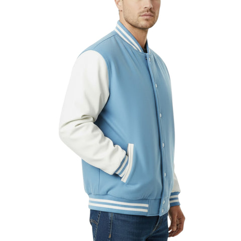 Man wearing a Sky blue varsity jacket with white sleeves on a white background