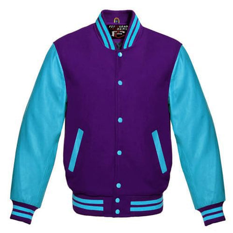 Multicolor Wool Varsity Jacket Genuine Sky Leather Sleeves Streetwear