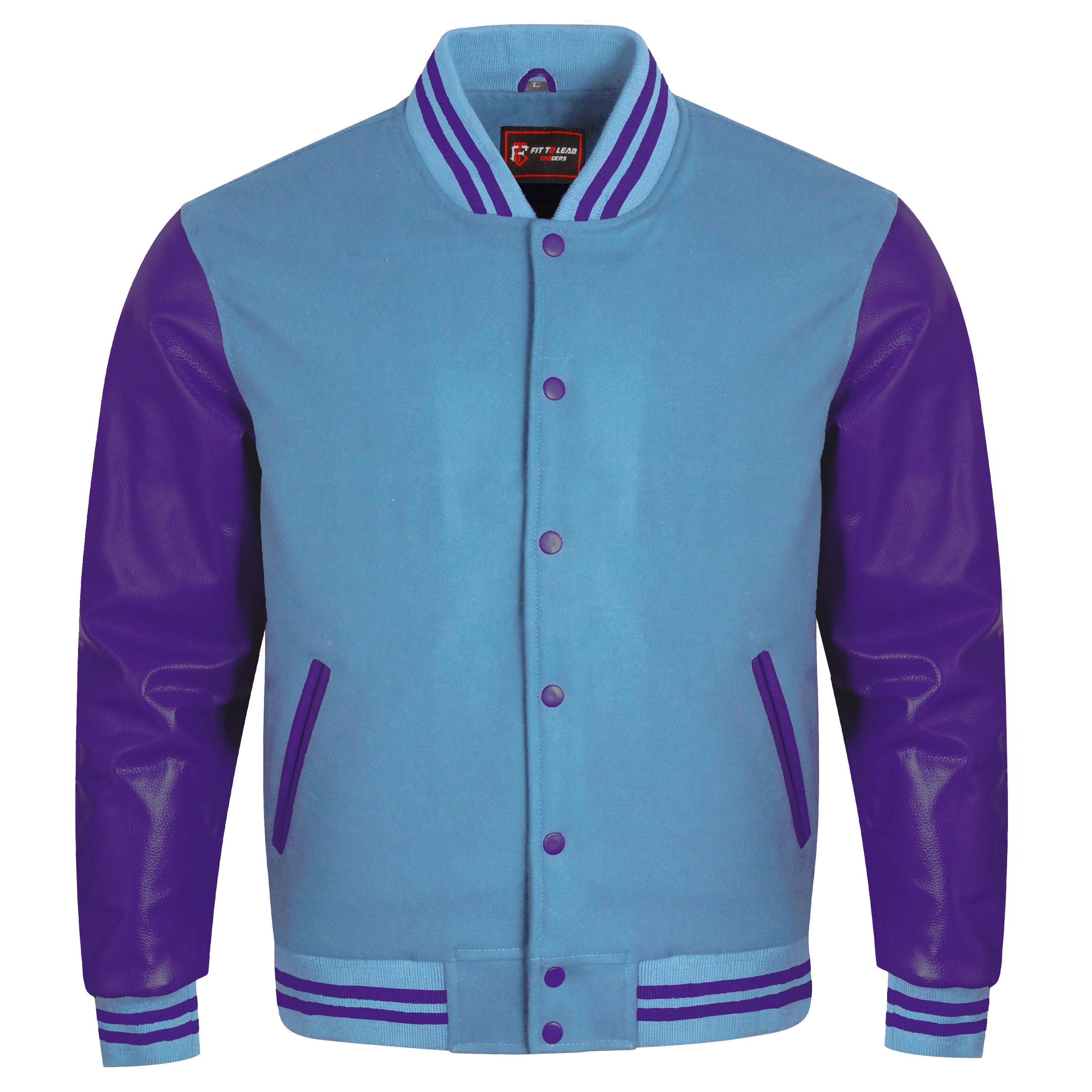 A varsity-style jacket with a light blue body and purple sleeves, featuring a ribbed collar, cuffs, and hem with purple stripes, button-front closure, and zippered hand pockets.