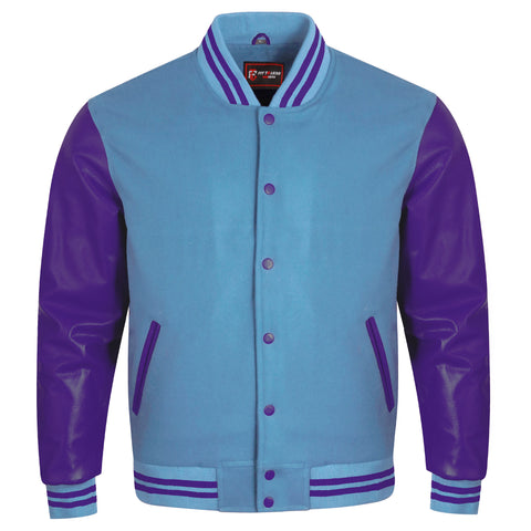 A varsity-style jacket with a light blue body and purple sleeves, featuring a ribbed collar, cuffs, and hem with purple stripes, button-front closure, and zippered hand pockets.
