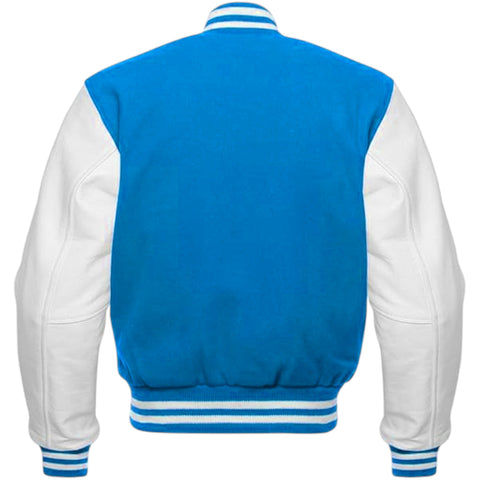 Sky and white varsity jacket on a white background
