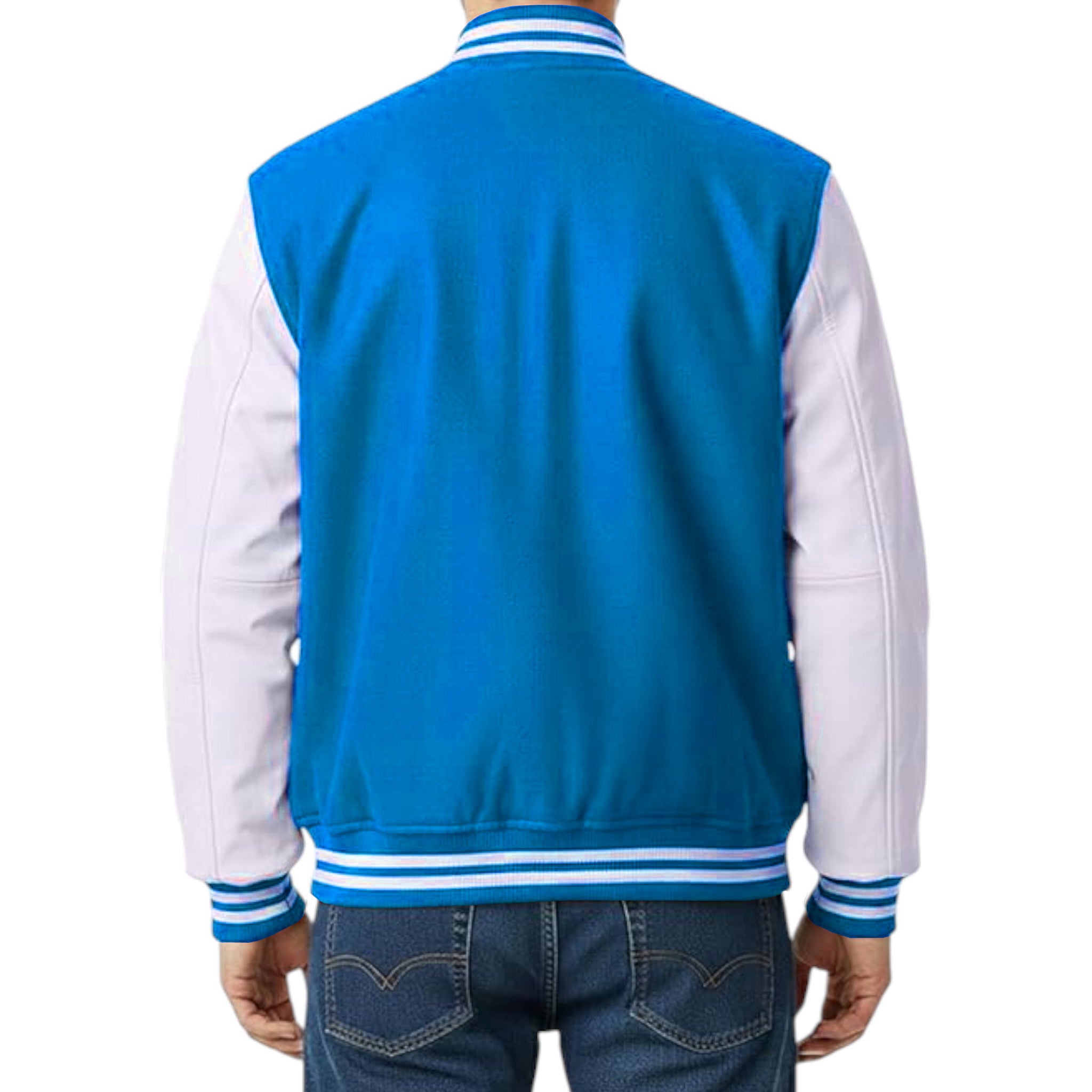Sky and white varsity jacket on a white background