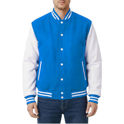 Sky and white varsity jacket worn by a person on a white background