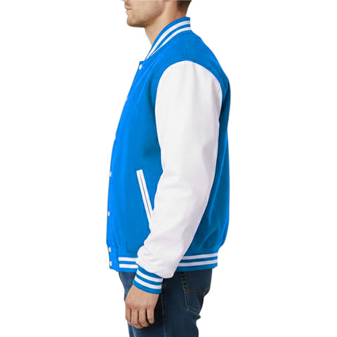 Sky and white varsity jacket worn by a person on a white background