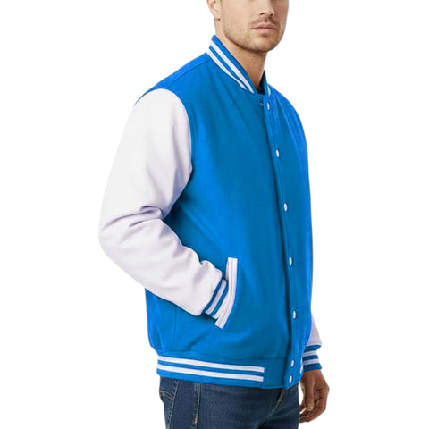 Sky and white varsity jacket worn by a person on a white background