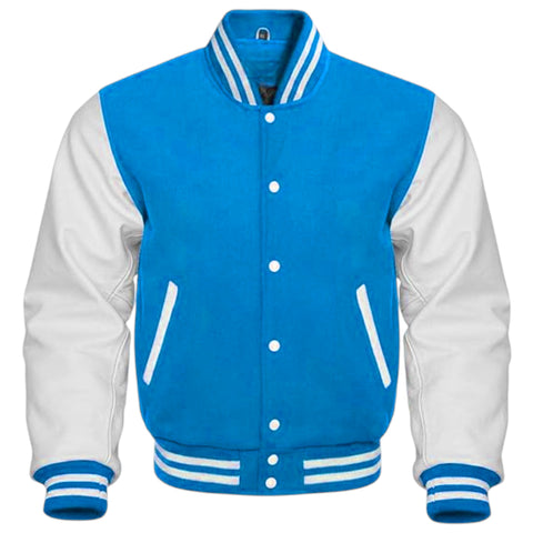 A classic varsity jacket with a Sky body and white sleeves, featuring white buttons, striped ribbed collar, cuffs, and hem, and diagonal zippered pockets.